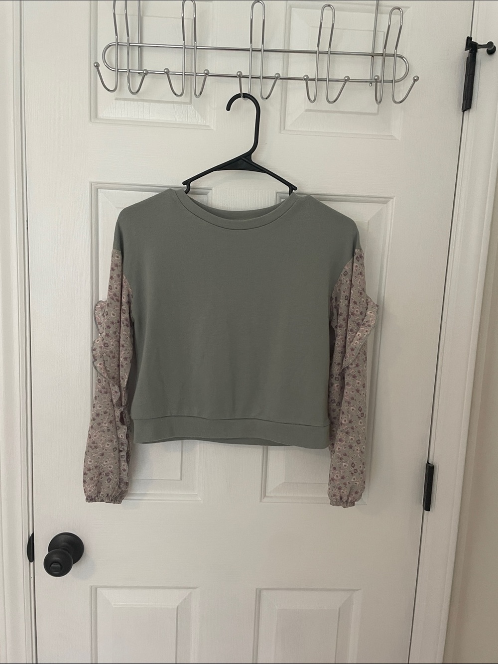 Girls Olive Green Top with Floral Ruffle Sleeves